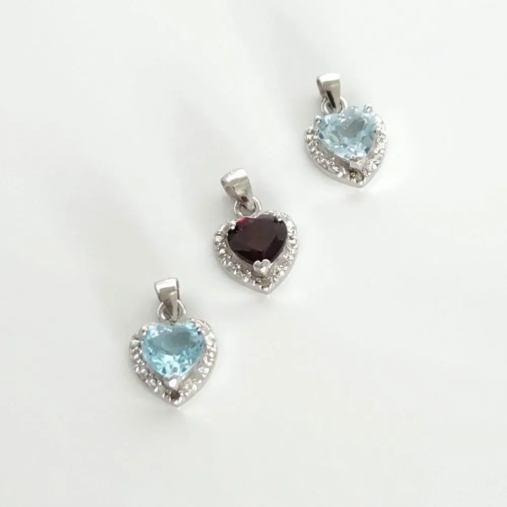 3 Gemstone Heart Pendants - 2 Blue Topaz and Garnet